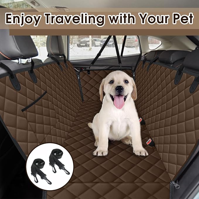 Waterproof Dog Car Seat Cover for Back Seat, Pet Hammock- L, Coffee/Black | Durable waterproof hammock with nonslip design & storage pockets. Protects seats from scratches, fits cars, SUVs & trucks.