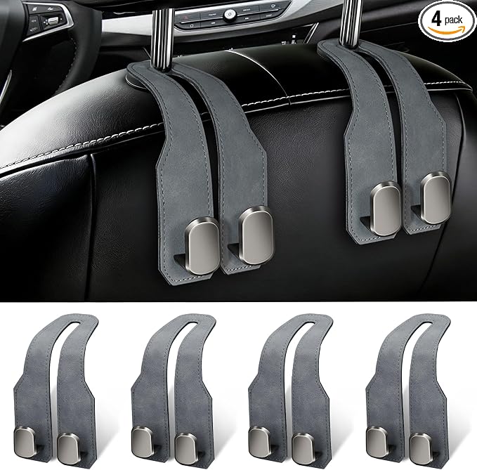 4 Pack Car Seat Headrest Hooks for Purses and Bags, Car Purse Holder With Double Metal Hooks, Headrest Back Seat Handbags Hook, Universal Car Purse Hanger, Cute Car Hanging Accessories, Grey