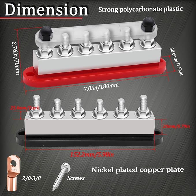 650A Bus Bar 12V Marine 3/8" Power Distribution Block Automotive Busbar Terminal Block,Battery Buss Bar (Pair, Red & Black) 6 x 3/8" Post