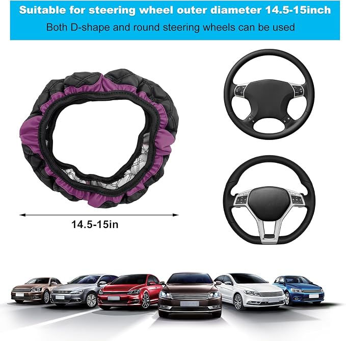 Car Steering Wheel Cover, 15-Inch Non-Slip Leather Steering Wheel Protector, Universal Soft Cover Mat For Car Truck SUV, Interior Car Accessories (Purple)