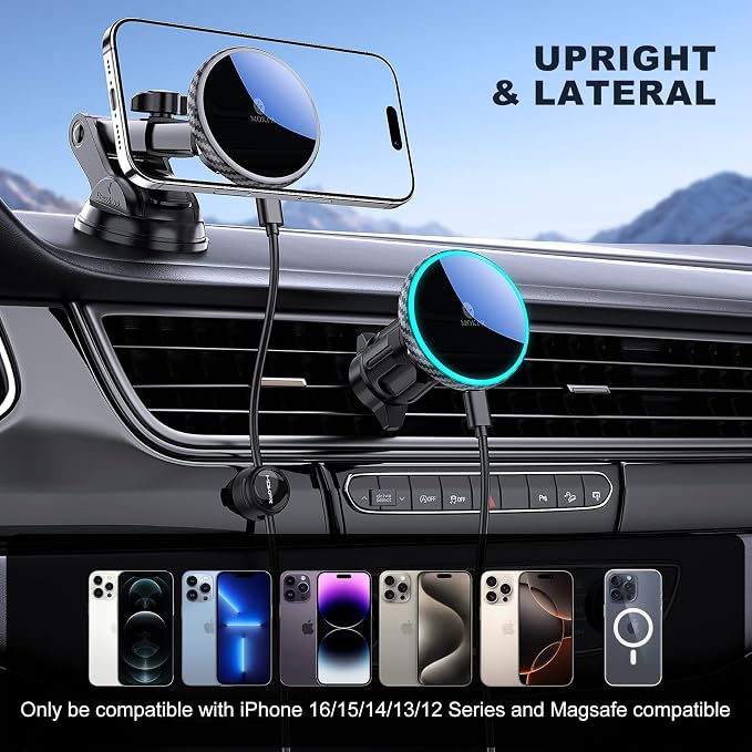 Only for iPhone Magsafe Car Mount Charger, Magnetic Phone Holder for Your Car Charger Dash Windshield Vent Magnetic Wireless Car Charger Mount for iPhone 17 16 15 14 13 12 Carbon Firber