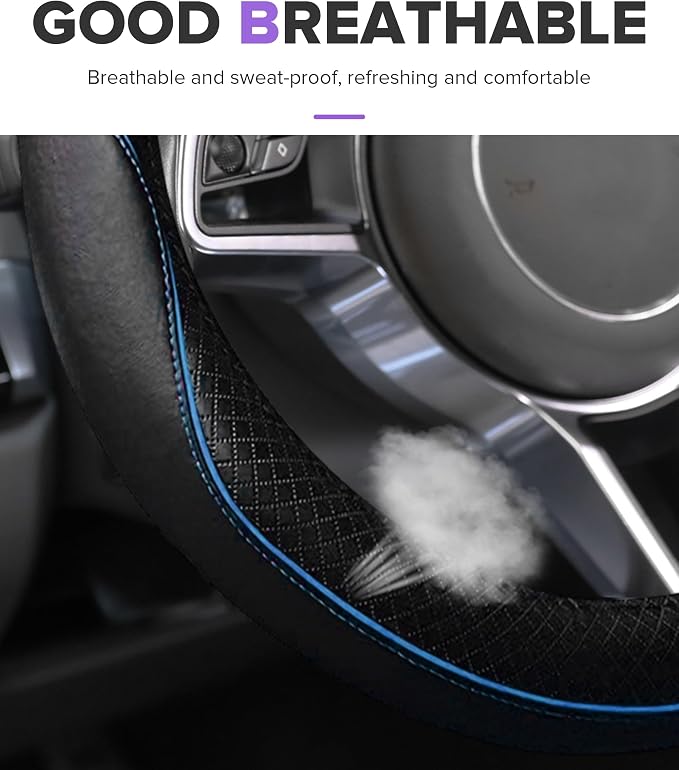 Steering Wheel Cover,Car Accessories,Microfiber Leather Car Steering Wheel Covers,Universal 15 Inch Anti-Slip Breathable Auto Interior Decor Protector,Suitable for Most Cars (Black&Blue)