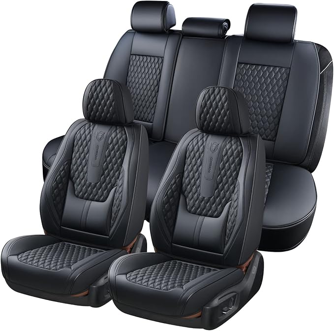 Coverado Car Seat Covers Full Set, Black Seat Covers for Car with Lumbar Support, Nappa Leather Seat Covers Waterproof Car Seat Protectors Universal Fit for Most Cars SUV Trucks