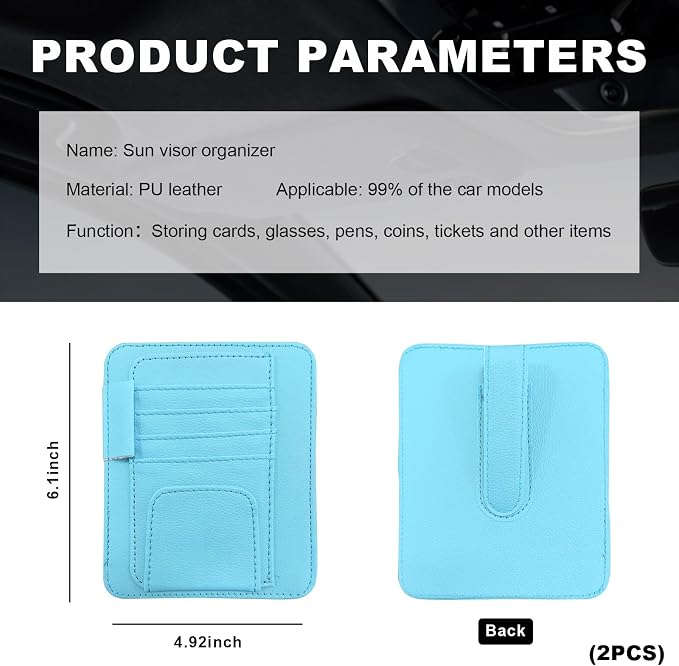 2PCS Small Leather Car Sun Visor Organizer, Multifunctional Auto Visor Document Holder with Sunglasses Clip, Universal Car Interior Organizer for Drving License, Card, Pen (Blue)