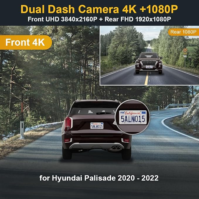 Front 4K+Rear 1080P Dash Cam Adapts for Hyundai Palisade 2020 2021 2022 Limited SE SEL Calligraphy (Part No#S8000), OEM Look, Dual Loop Recording, WiFi & APP, G-Sensor, Easy to Use, 128GB Card
