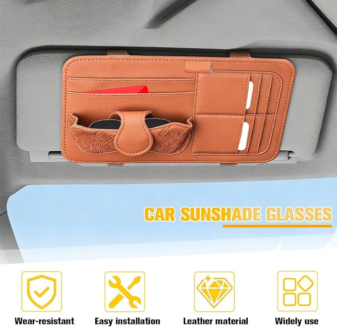 Car Sun Visor Organizer, Multifunctional Visor Storage Pouch with Sunglasses Holder & Card Sleeve Pocket, Auto Interior Organizer Pocket Bag for Pens Cards Documents, Universal Fit (Brown)