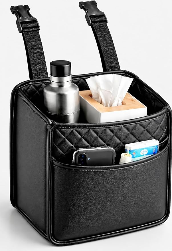 Leather Car Organizer for Backseat – Headrest Hanging Storage Bag with Pockets for SUV & Truck | Premium Quilted Car Seat Organizer for Phone, Trash & Car Essentials