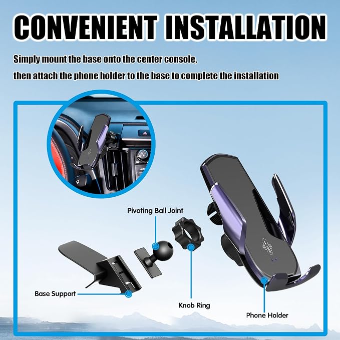 Car Phone Mount for Toyota RAV4 2013-2018 | 15W Wireless Fast Charging, Auto-Clamping Center Console, One-Hand Operation, 360° Adjustable, Without Blocking Airflow