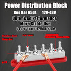 650A Bus Bar 12V Marine 3/8" Power Distribution Block Automotive Busbar Terminal Block,Battery Buss Bar (Pair, Red & Black) 6 x 3/8" Post