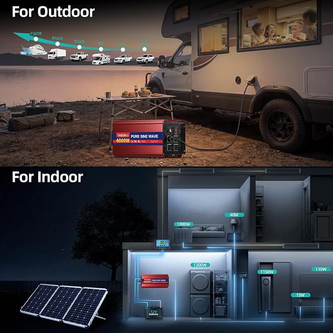 4000W Pure Sine Wave Power Inverter 12V DC to 110V 120V AC for Vehicles | Inverter for Car with 4 AC Outlets and LCD Display, 8000W Peak, Car Converter for Solar, RV, Truck, Home, Off-Grid, Camping