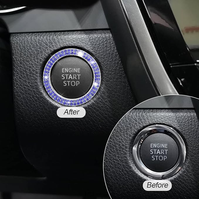 Bling Car Engine Start Ring Decals, 2PCS Crystal Rhinestone Vehicle Push Start Button Cover Sticker, Key Ignition Knob Ring, Sparkling Automotive Interior Accessories (Double Royal Blue)