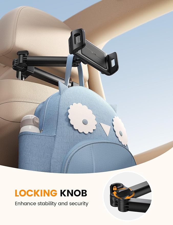 Car Headrest Tablet Holder - [Foldable Clip] [Lockable] Tablet Mount for Car Backseat, Car Accessories for Kids, for iPad Pro, Air, Mini, Galaxy Tab, Fire HD, 5.4-13" Tablets