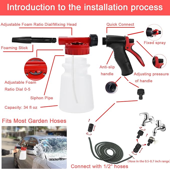 Car Wash Kit with Foam Gun, Car Cleaning, Car Wash Detailing Kit | Car Washing Kit High-Pressure Foam Spray Microfiber Collapsible Bucket Cleaning Detailing Brush Ideal for Home Car Detailing