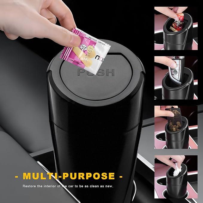 Car Trash Can Bin with Lid, Leakproof Portable Garbage Trash Bin Mini Cup Holder Organizer, Automotive Interior Dustbin Multipurpose Storage Container for Car Home Office (Black)