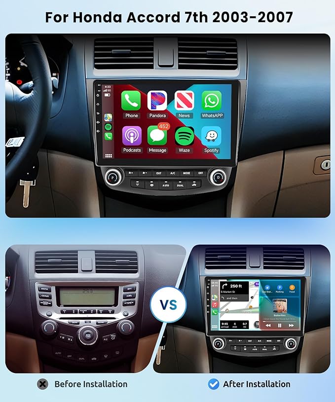 for Honda Accord 7th 2003 2004 2005 2006 2007 Android Car Stereo with Wireless Carplay/Android Auto 10.1" Touchscreen Autoradio Support WiFi GPS Navigation Backup Camera SWC FM/RDS Radio 2G+64G
