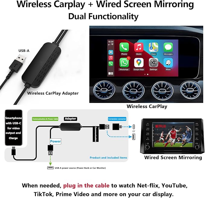 Car Screen Mirroring Adapter with Wireless CarPlay - Supports Watching Any App (YouTube, Net-flix, TikTok, etc.), Siri Control & Phone Charging, Compatible with Factory-CarPlay Equipped Vehicles.
