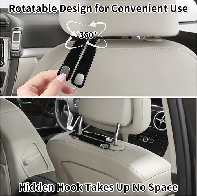 Suede Leather Headrest Hooks for Car, 2 Pack Double Seat Back Organizer Hooks for Purses & Bags, Heavy Duty Metal Car Purse Holder for Handbags, Grocery Bags, Universal Vehicle Storage Accessories
