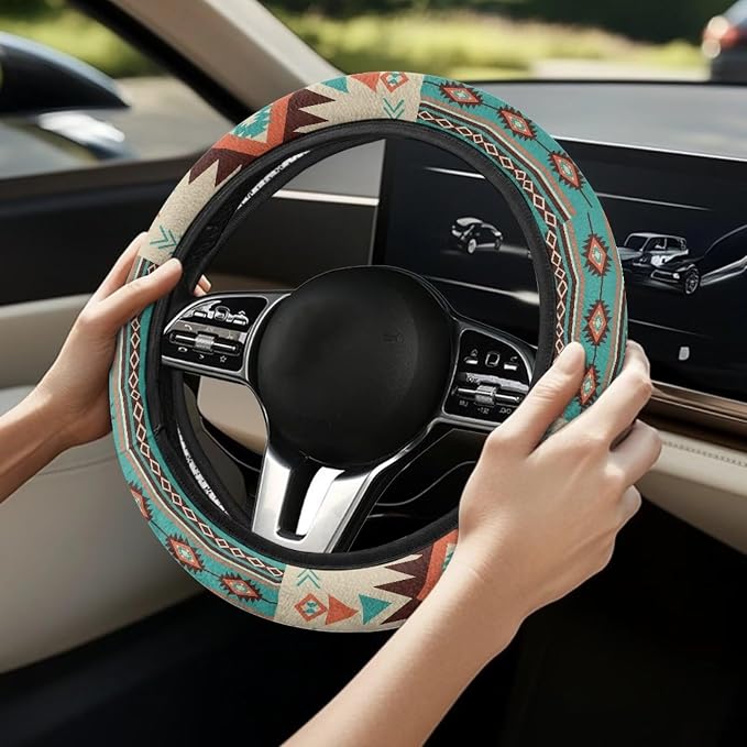 Southwest Aztec Beige Cyan Auto Steering Wheel Cover for Women Men, Universal 15 Inch Soft Elastic Steering Wheel Wrap Anti-Slip Easy to Install Car Accessories