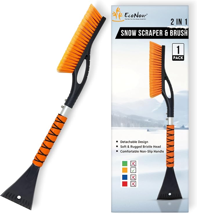 27" Aluminum Ice Scrapers for Car Windshield | Car Snow Scraper Window and Snow Brush with Ergonomic Foam Grip Winter Accessories (Orange)