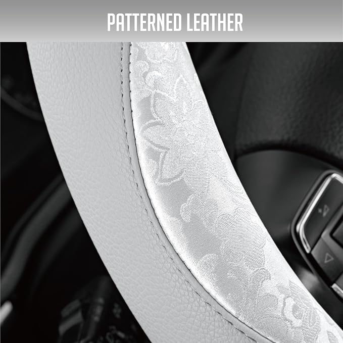 Steering Wheel Cover, Silver Patterned Leather Patchwork Design, Universal Fit 14.5"–15.5", Anti-Slip, Odor-Free, Soft PU Grain Leather, Durable Grip Car Accessory for Girls & Women