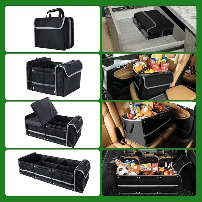 Snuopfy,115L Heavy Duty Collapsible Trunk Storage, with Insulated Leakproof Cooler Bag Vehicle Cargo Organizer with Lid, 3 Compartments, Straps For Car,Suv,Jeep,Sedan-Black