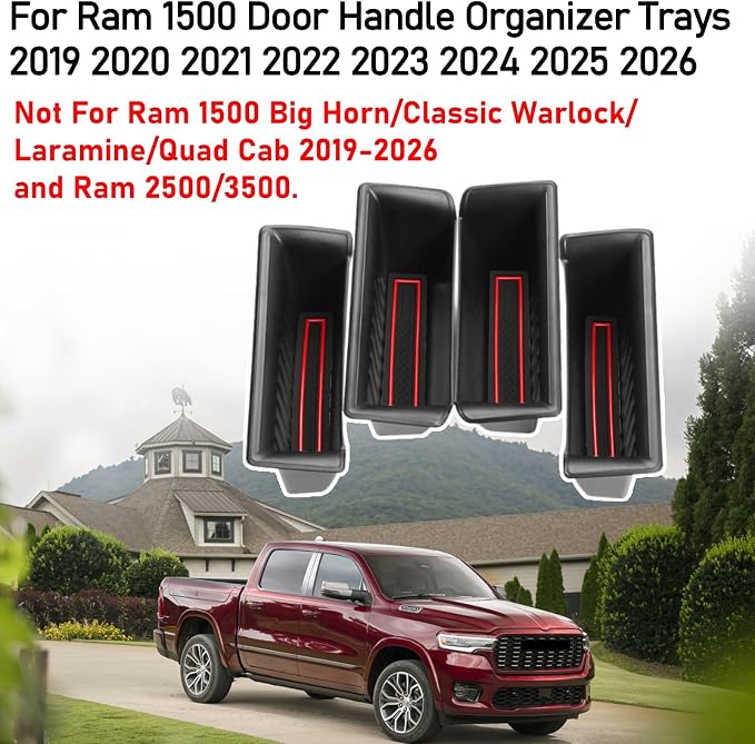 for Ram 1500 Door Side Organizer Tray 2019 2020 2021 2022 2023 2024 2025 2026, for Ram 1500 Door Pocket Insert 4 Pcs with Red-Lines Mats (Does not fit 2500 3500)