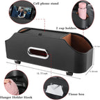 Car Back Seat Organizer with 2 Drink Cup Holder - Tissue Box and Storage Box Hook - Multi-functional Storage - Great for Kids and Travel (Black)
