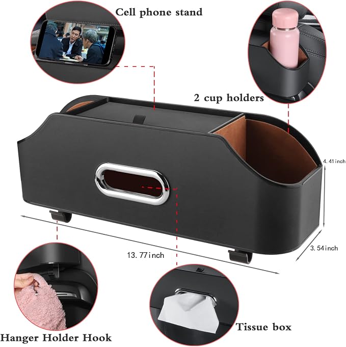 Car Back Seat Organizer with 2 Drink Cup Holder - Tissue Box and Storage Box Hook - Multi-functional Storage - Great for Kids and Travel (Black)