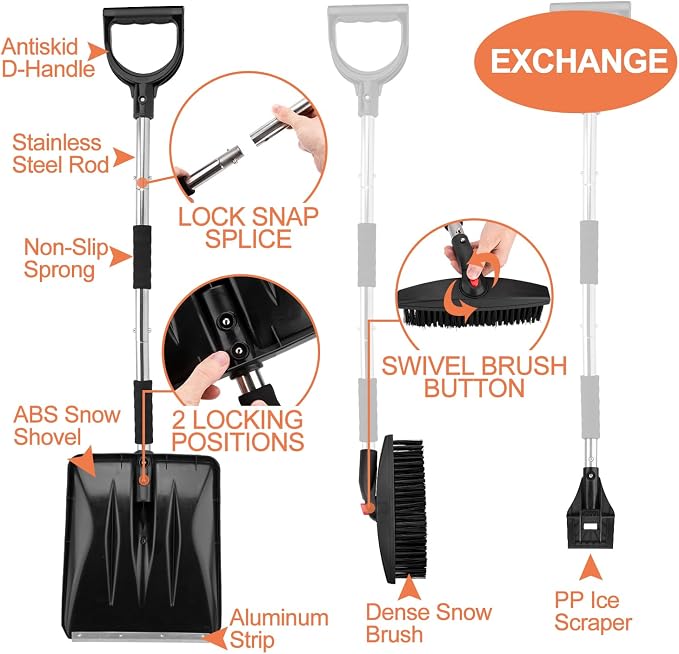 3-in-1 Portable Snow Shovel Kit with Ice Scraper and Snow Brush, Emergency Collapsible Design Snow Remover Set for Garden, Camping, Car, Trucks and Other Outdoor Activities