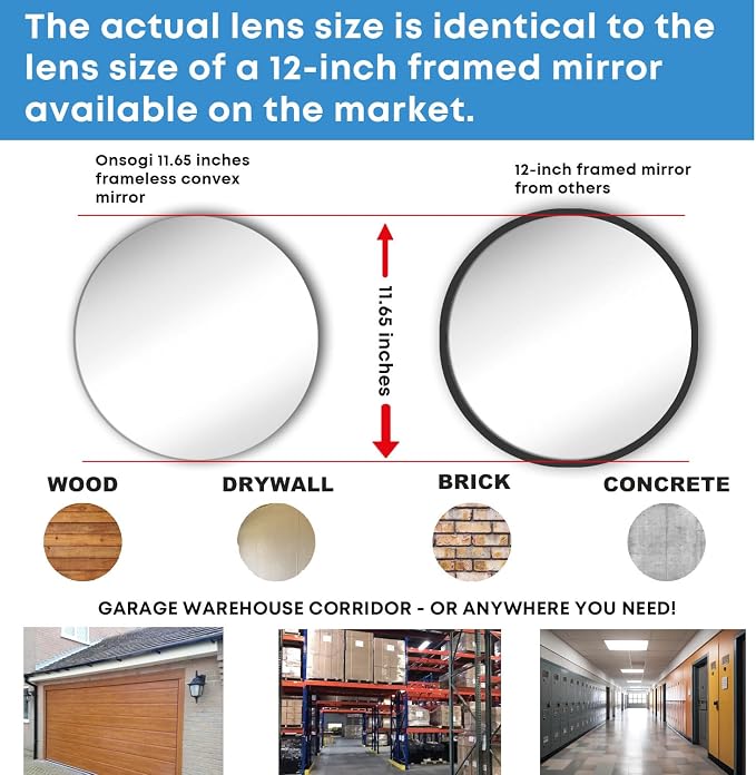 11.65 Inch Frameless 1.8mm Thick Acrylic Convex Mirror - Adjustable Wide Angle View Indoor Security Mirror for Garage Parking Warehouse Office and Corner Security Traffic