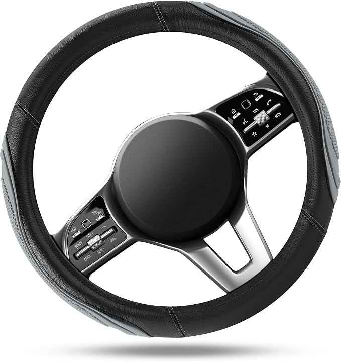 Car Steering Wheel Cover - Microfiber Leather Steering Wheel Wrap Sports 14.5-15 Inch Steering Wheel Cover Non-Slip for Men Women Grey Color