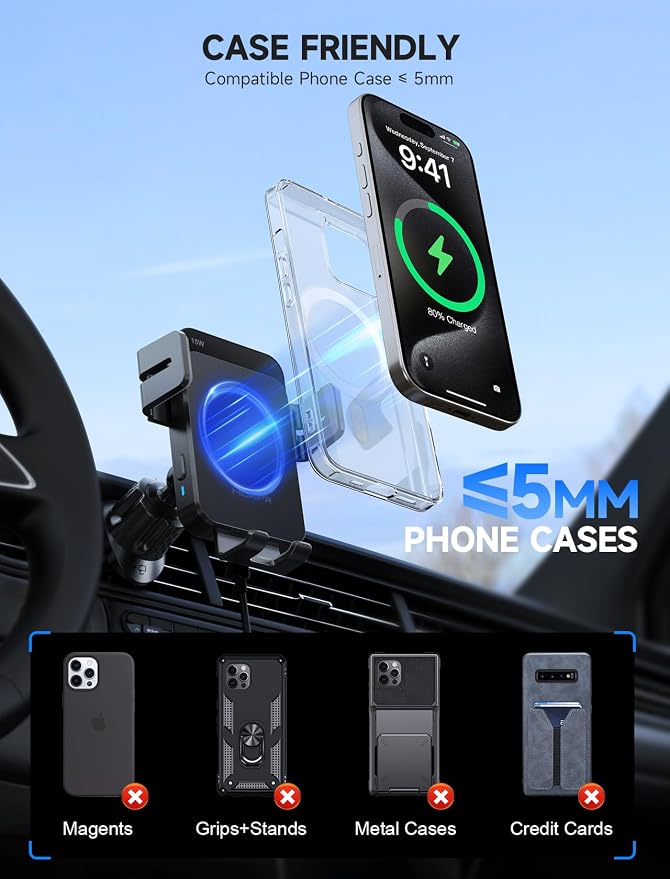Wireless Car Charger, 15W Auto Clamping Car Charger Dash Windshield Air Vent Phone Holder Compatible with iPhone 16 15 14/13/13 Pro/12 pro/12/11/X/8, Samsung S24/S23/S22
