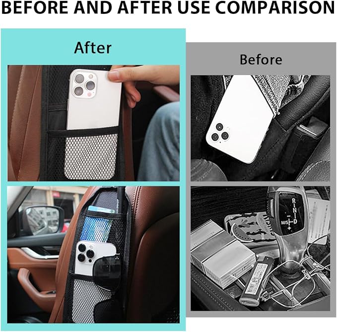2 PCS Car Seat Side Organizer, Front Seat Side Hanging Bag with Mesh Net Pockets, Multi-Pocket Vehicle Stuff Holder for Mobile Phone Wallet Drink, Universal Car Accessories