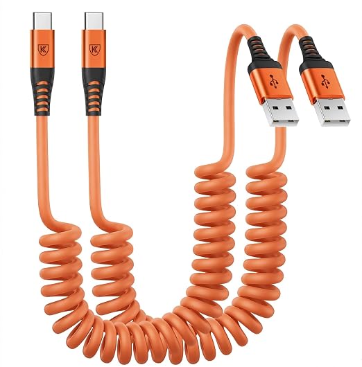 Coiled USB A to USB C Cable for Car [6FT, 2Pack], USB to USB C Cable Fast Charging 60W, USB Type C Cable iPhone Charger USBC Cord for iPhone 17/16/15/Pro Max/Plus/Samsung Galaxy S26/S25/Ultra-Orange