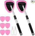 10 Pcs Windshield Cleaner Tool Car Window Cleaning Supplies with Extendable Handle Include 6 Washable Microfiber Bonnets 2 Empty 60ml Spray Bottle Glass Wiper Kit(Pink)