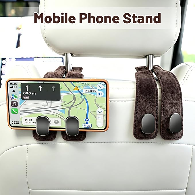 SUKIPIN Car Hooks, Car Seat Headrest Hooks for Purses and Bags 2-Pack Brown | Car Accessories for Women, Solid Durable Construction, Quick Tool-free Mounting, Universal Fit for Most Vehicle Headrests