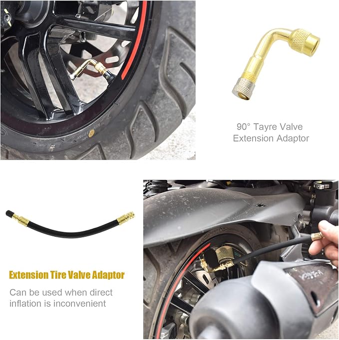 Tire Valve Extension, 8.25 Inch Flexible Valve Stem Extenders with 90 Degree Brass Schrader Tire Valve Extension Adaptor Compatible for Cars Truck Motorcycle Bike Scooter by