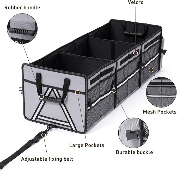 4 in 1 Car Trunk Storage Organizer with Leakproof Cooler Bag, Multi-Compartment Foldable Trunk Storage Box for Car Truck SUV Gray
