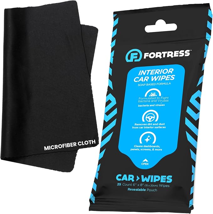 Car Interior Wipes with Microfiber Cloth (25 ct.) for Car Interior Cleaning, Dashboard, Seats, Detailing, and Steering Wheel [Travel Size] Skin-Safe Car Interior Cleaner Supplies