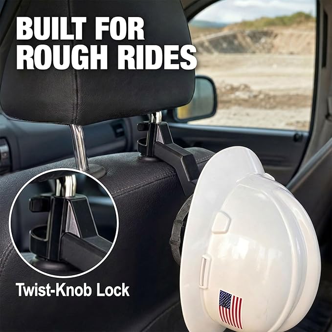 2 Pcs Hard Hat Holder for Truck Seat - 3-Second Install Headrest Hook Hanger for Hardhat and Safety Vest Storage, Hard Hat Buddy Rack Accessories for Construction, Utility & Linemen Black