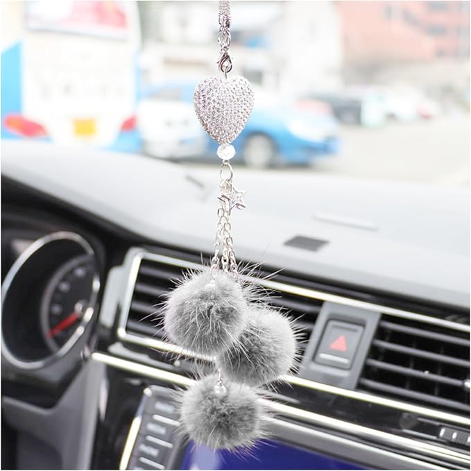 Bling Diamond Heart Car Interior Accessories, Mirror Hanging Ornament for Women, Love Heart & Pink Plush Ball Decor Ornament Pendant, Hanging Decoration Charm (Grey)