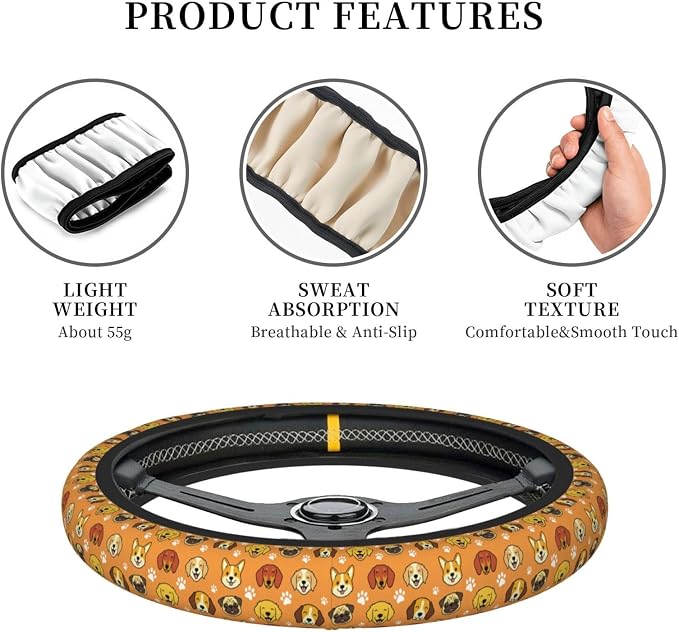 Dog Pattern Steering Wheel Cover, 15 Inch Universal Fit Neoprene Car Wheel Protector, Non-Slip & Breathable Cute Animal Print Interior Decor for Women and Men