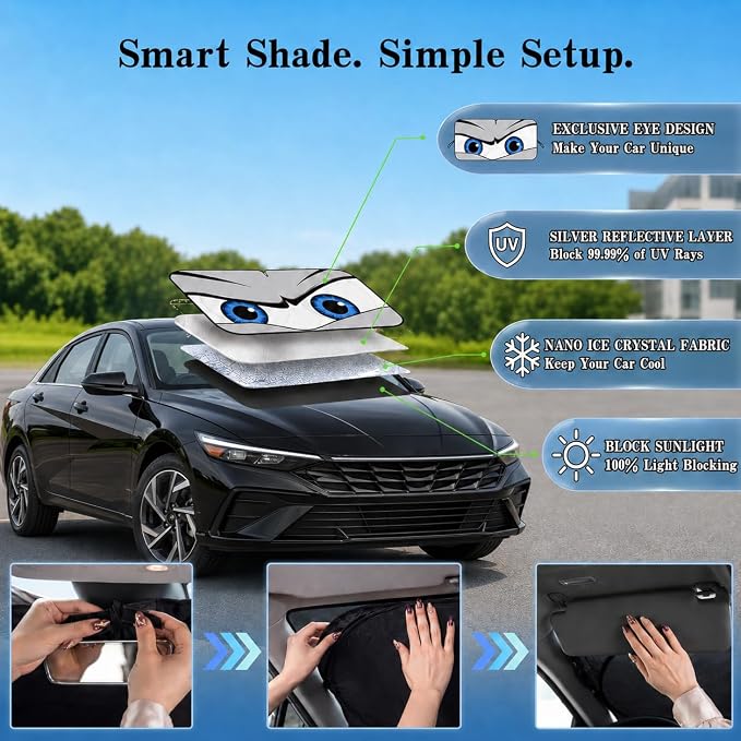 Car Windshield Sun Shade, Universal Fit Compact Sedan SUV, Cool Gray | 59 x 27.5" Car Sun Visor, Foldable Front Window Sunshade, UV Heat Protection, Cute Eyes Series