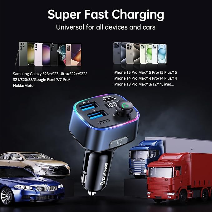Bluetooth 5.4 FM Transmitter Car Adapter 48W(PD 36W & 12W) [Light Switch] [Hi-Fi Deep Bass] [Fast Charging] Wireless Radio Music Adapter LED Display Hands-Free Calling Support USB Drive