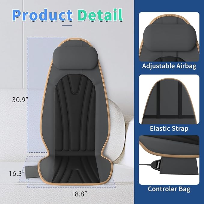 Massage Seat Cushion with Heat for Neck and Back, 3 Heating Areas & 5 Massage Modes, Electric Back Massager for Office Chair and Home Seat