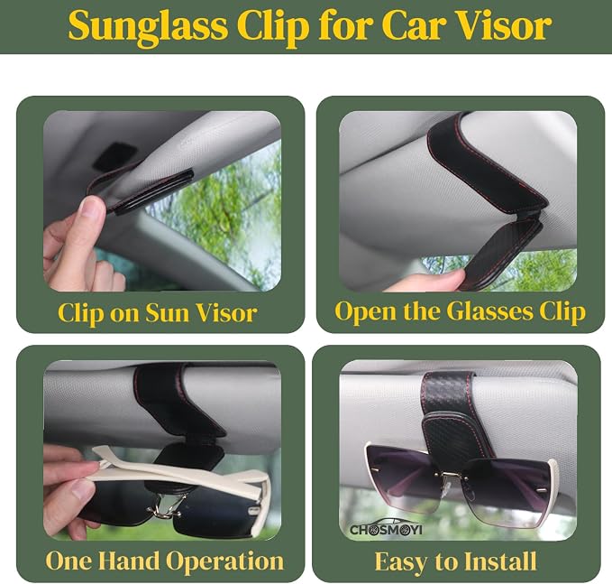 CHOSMOYI Magnetic Leather Sunglass Holder for Car, Sunglasses Clip for Car Visor, Auto Interior Accessories Universal for Different Size Eyeglasses (Carbon Fiber)