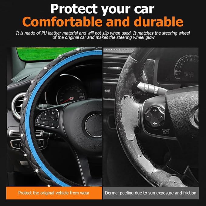 Bling Car Steering Wheel Cover, Non-Slip Elastic Stretch Leather Auto Steering Wheel Protector, Sparkling Diamond Vehicle Decor Accessories for Women Girls, Universal for Vehicles (Blue)