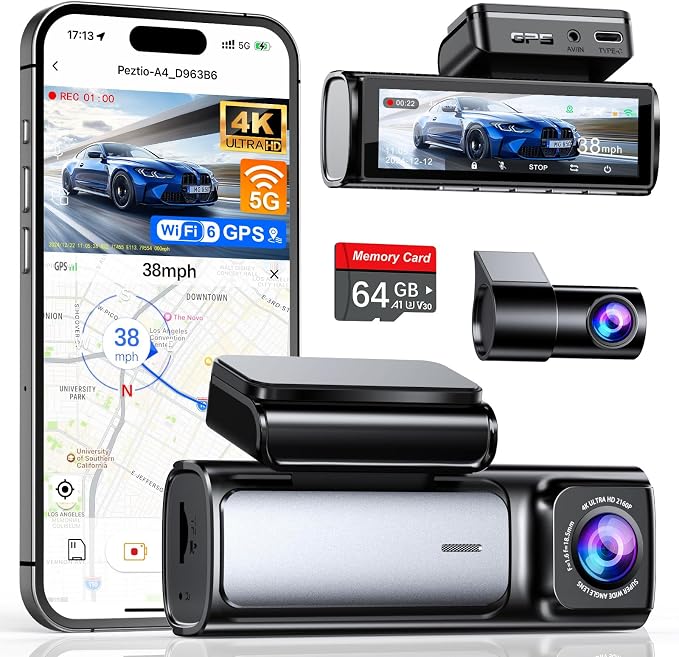 4K+2.5K Dash Cam Front and Rear, Built-in 5G WiFi 6 GPS, 64GB Card Included, 3.59'' IPS Screen Dash Camera for Cars, Dual Dashcam with G-Sensor, Loop Recording, 24H Parking Monitor