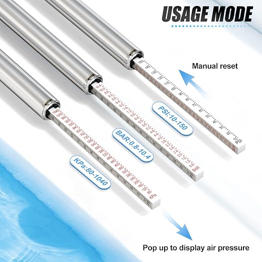 Silver Double Straight Type Tire Pressure Gauge，Dual Head Air Pressure Gauge 10Pcs，Pressure Range 10-150 Psi(Suitable for Trucks, etc.