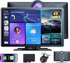 Wireless Apple CarPlay Screen for Car, 9" Portable Carplay & Android Auto Touchscreen Stereo with 4K Dash Cam 64GB SD, Car Radio with App Control, Bluetooth 1080P Backup Camera, GPS, Voice Control, FM